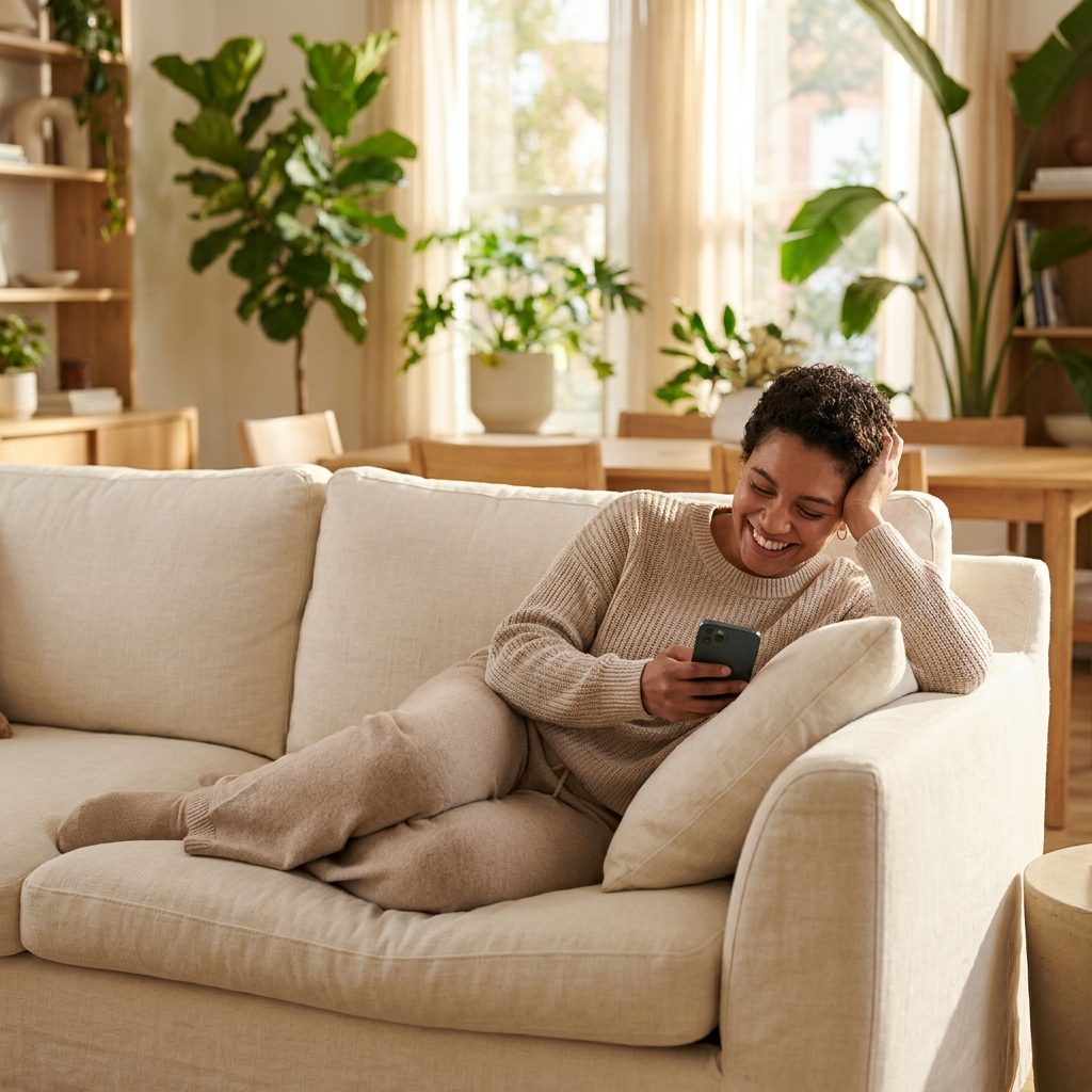 A happy person checking their phone at home